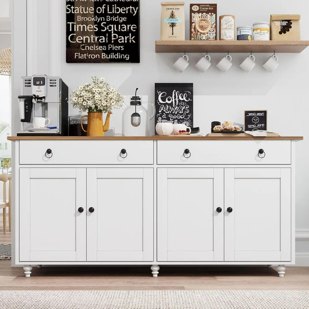 et Cabinet with Storage and 2 Drawers and 4 Doors, Modern Sideboard et Storage Cabinet, Wood Table