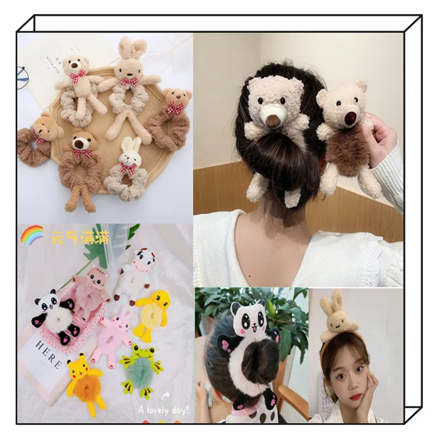 

Lovely Bear Hair Band Lambs Wool Hair Ring Frog Panda Pikachu Headband Teddy Bear Rabbit Ear Duck Calf Kitty Hair Rings For Girl