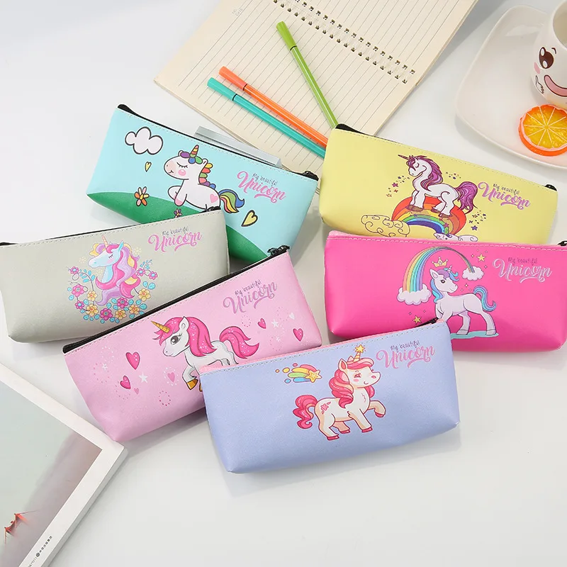 

Creative small fresh PU cute large unicorn pencil case Korean version of color triangle pencil bag zipper stationery bag
