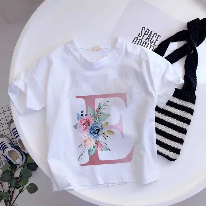 thumbnail image 1 of Camiseta de algodón con 26 letras en inglés ABCD, camiseta de verano para niños con flores, ropa informal de dibujos animados, camisetas de manga corta para niñas y niños, 1 of 5