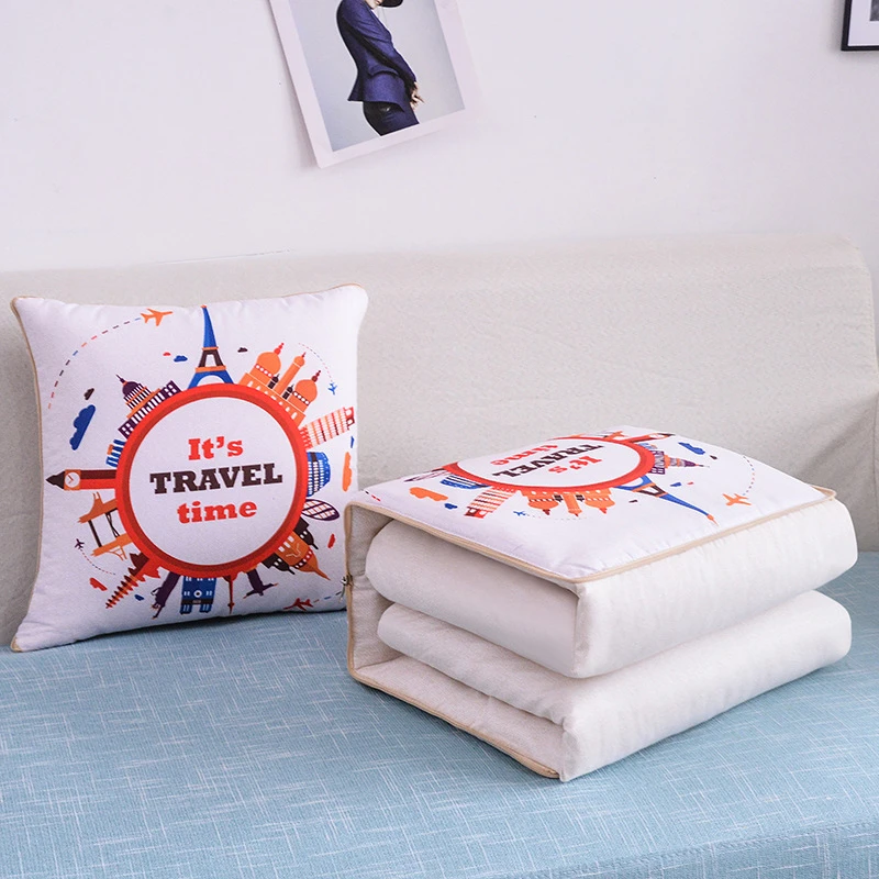 2 In 1 Pillow Travel Quilt Blanket Cartoon Thick Throw Pillow Portable Foldable Air Conditioner Cushion Blanket Car Sofa Office