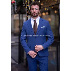 Blue Single Breasted Luxury Men Suits Notch Lapel Flat Blazer Custom Made Slim Fit 2 Piece Jacket Pants Set Prom Party Outfits