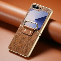 Leather Embossed Flower Phone Case with Ring Buckle and Electroplated Shockproof Design - Galaxy Z Flip5 (Brown)