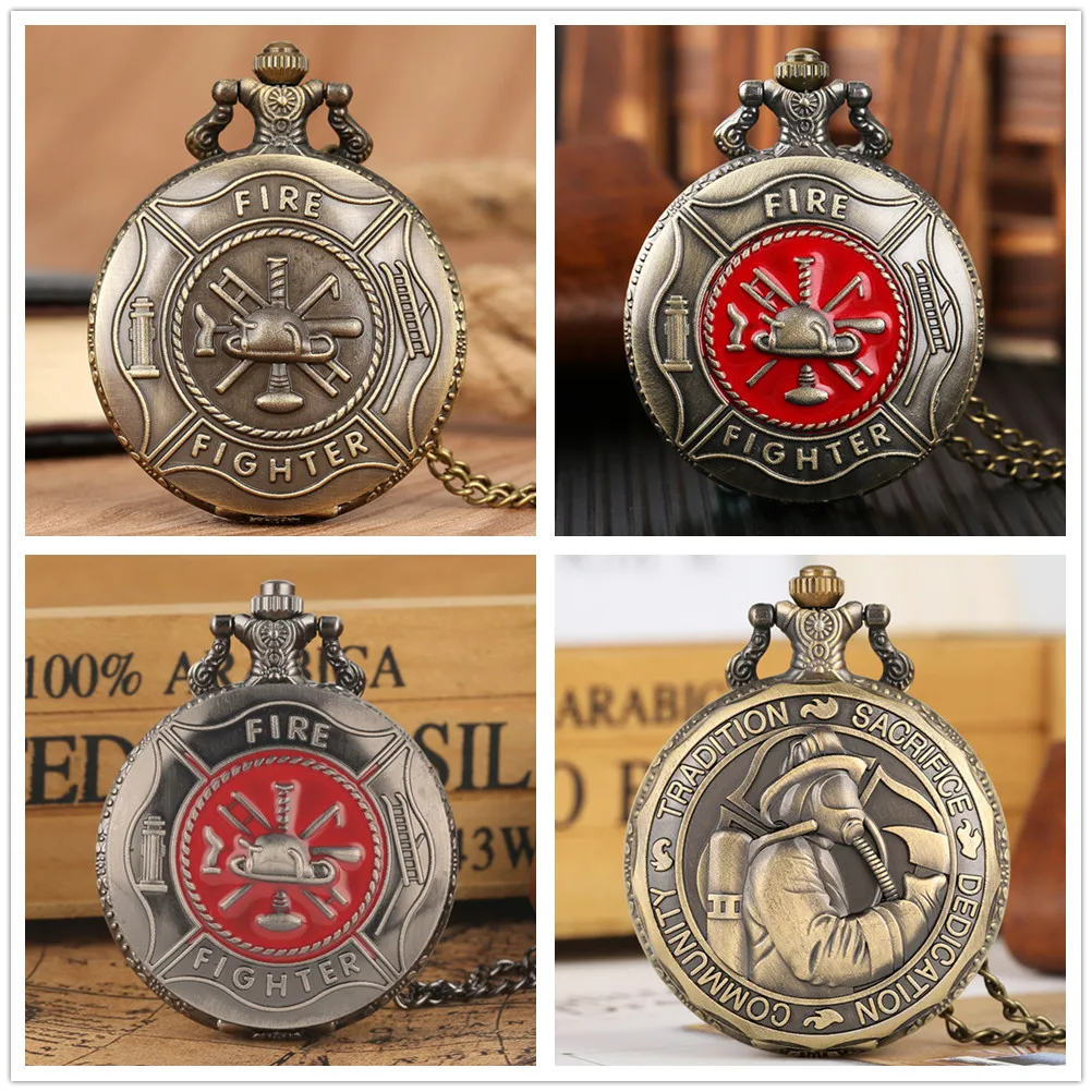 Classic Retro Firefighters Embossed Bronze Quartz Pocket Watch Souvenir Pendant Clock with Fob Chain Antique Timepiece quartz watch pocket watch
