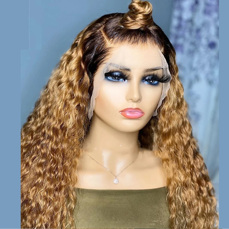

Long 24 inch Ombre Blonde Kinky Curly European Virgin HumanHair Jewish Wig 13x6Lace Front Kosher Sheitel Wig For Women BabyHair