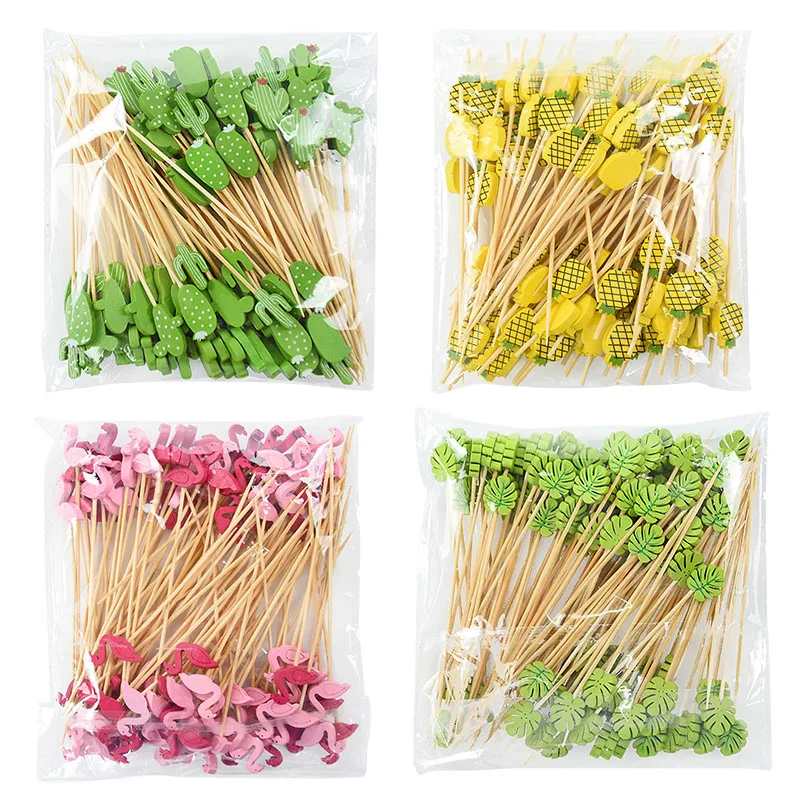 

100pcs Hawaiian Tropical Toothpick Palm Leaf Flamingo Pineapple Shape Fruit Picks Decorations For Summer Beach Party Decoration