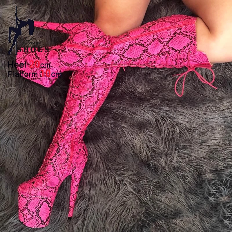 20CM/8Inch Pole Dance High Boots Woman Rose Red Snake Pattern Long Shoes Fashion Runway Show Side Zipper Lace-up Platform Boots