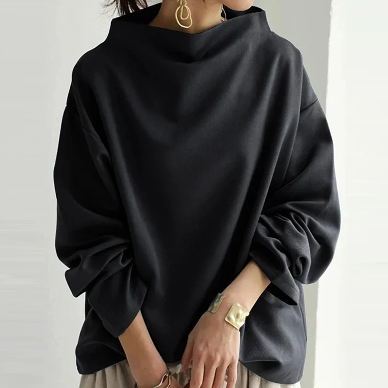 Autumn Simple Women's Long Sleeved Commuting Top New 2024 Streetwear Loose Blouses Casual Half High Collar Solid Color Pullover 4