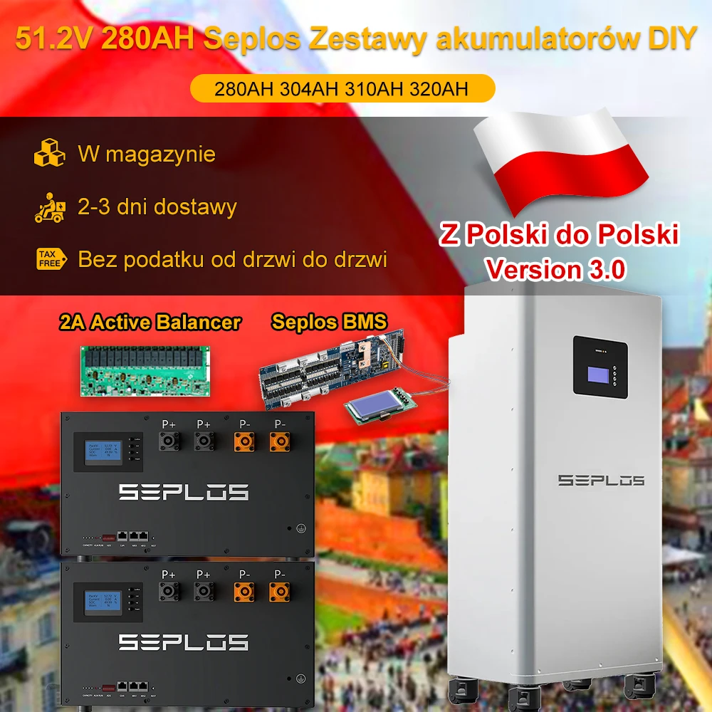 폴란드 3.0 Mason Seplos 케이스 BMS Lifepo4 배터리, 충전식 태양열 밸런서, 48V, 280AH, 304AH, 310AH, 320AH, 보조배터리 2A