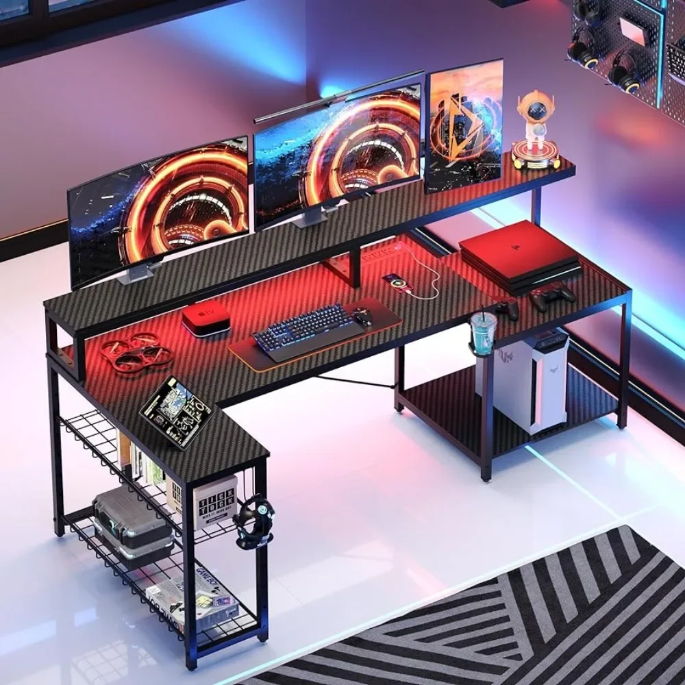 

L-образный игровой стол с выходами питания, диагональ 71.5, компьютерный стол с держателем для чашки, крючки для гарнитуры, классный вариант для комнаты, черный цвет