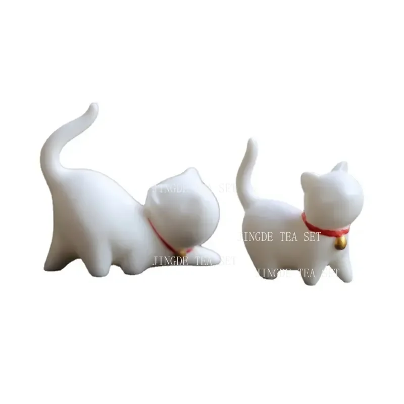 Creativity Handmade Ceramics Tea Pet Ornaments Cute Small Cat Statue White Porcelain Tea Figurine Crafts Boutique Tea Decoration
