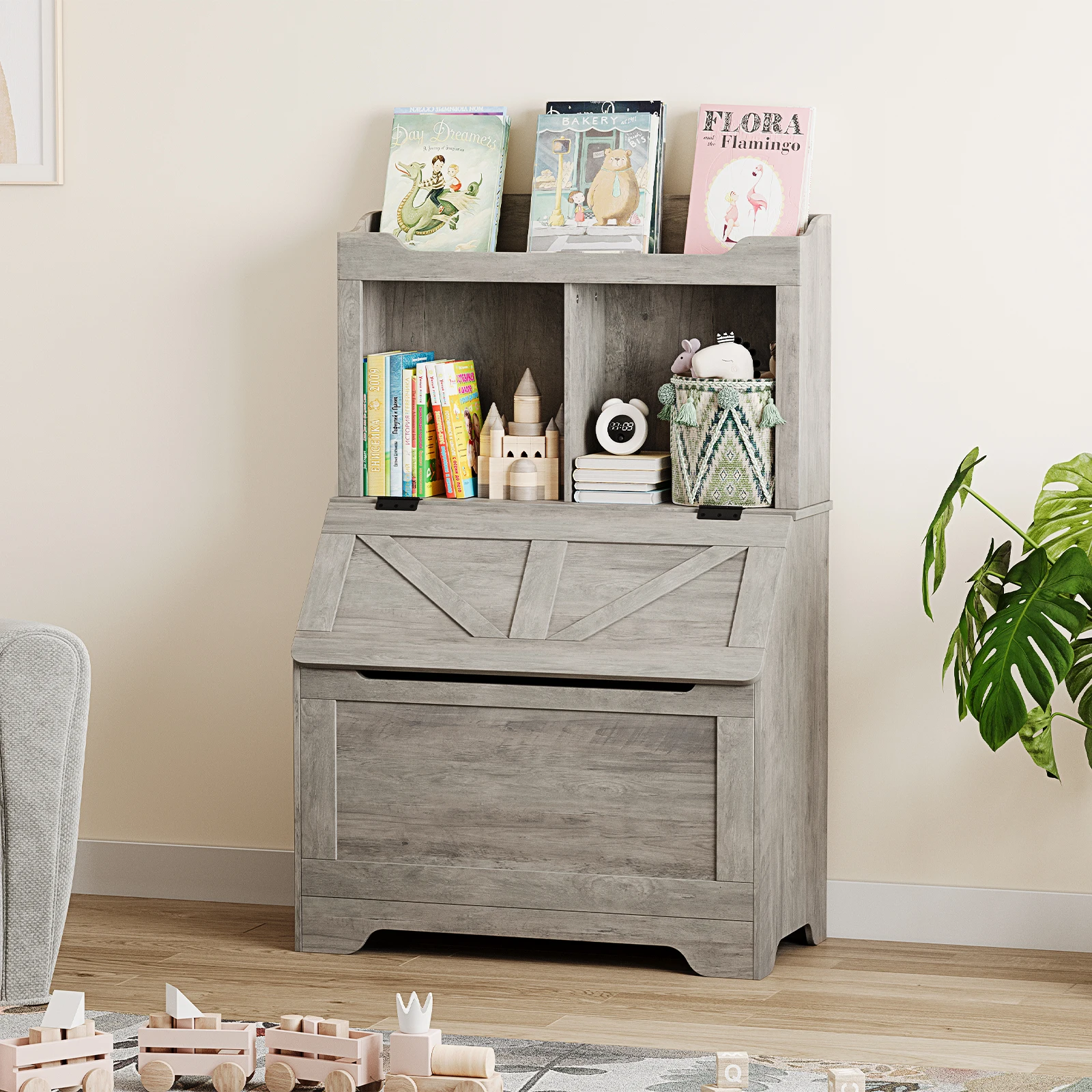 Kinder-Bücherregal aus Holz, Kinder-Bücherregal und Spielzeugaufbewahrung mit Klappdeckel und Tasche, Aufbewahrungsschrank aus Holz für Spielzimmer, Schlafzimmer – Detail 6