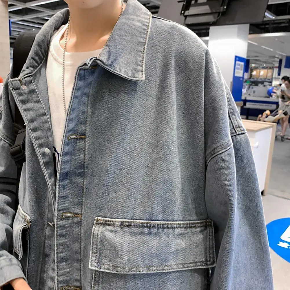 Men Denim Jacket Stylish Men's Denim Jacket with Lapel Flap Pockets for Spring Autumn Single Breasted Coat Solid Color Loose Fit