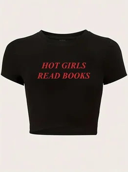 Cropped T Shirt Hot Girls Read Books Print T-shirt Casual Streetwear Short Sleeve Crop Top for Spring Summer Women's Clothing 1