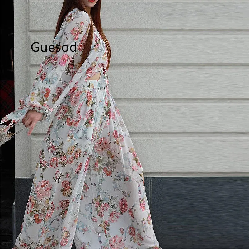 

Women Silk Set Fashion Silk Pink Print Lantern Sleeve Short Top Expansion Bottom Skirt Pants Long Wide Leg Pants New