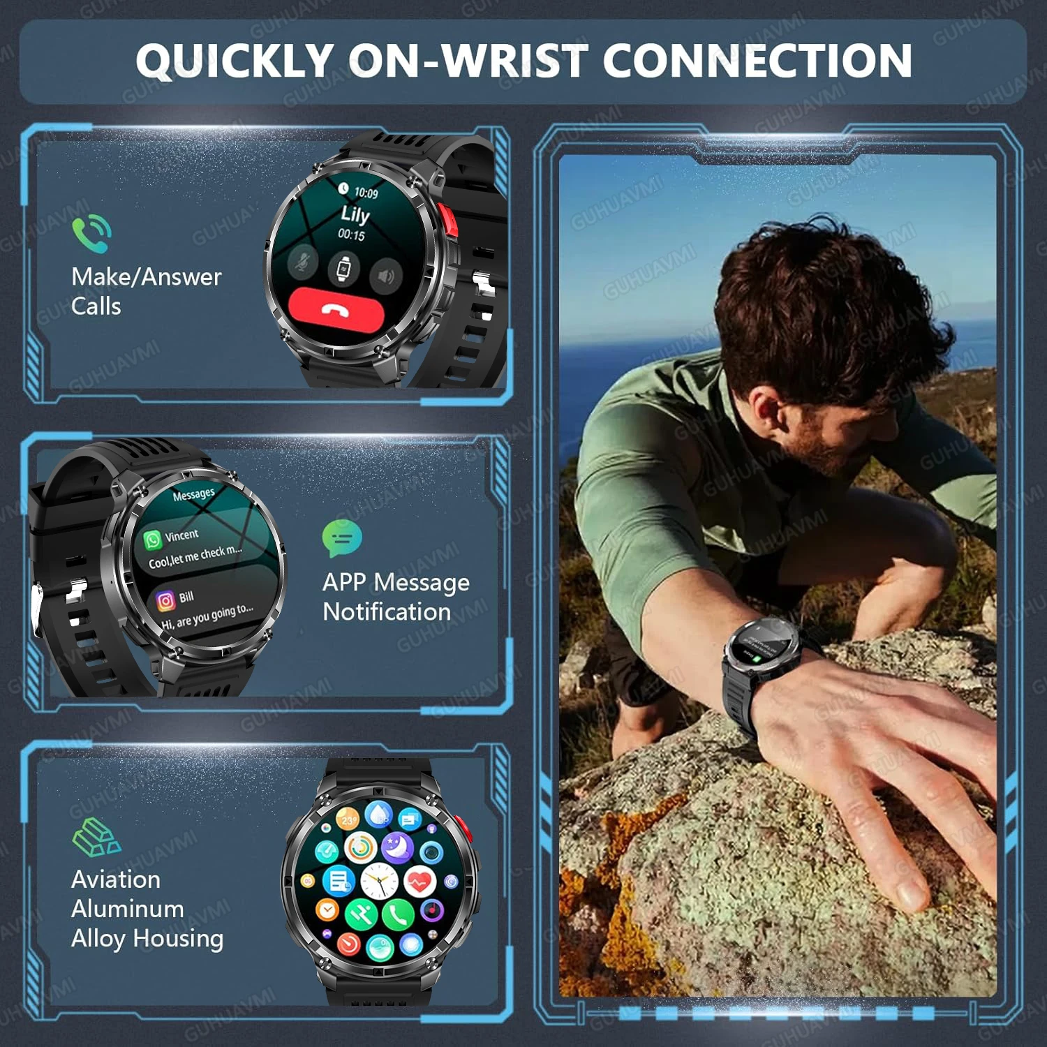 T-Rex3 Pro Military Smart Watch with GPS Compass Rugged Clock Men with 1100mAh Extra-Large Battery Sports Fitness Swim Watches