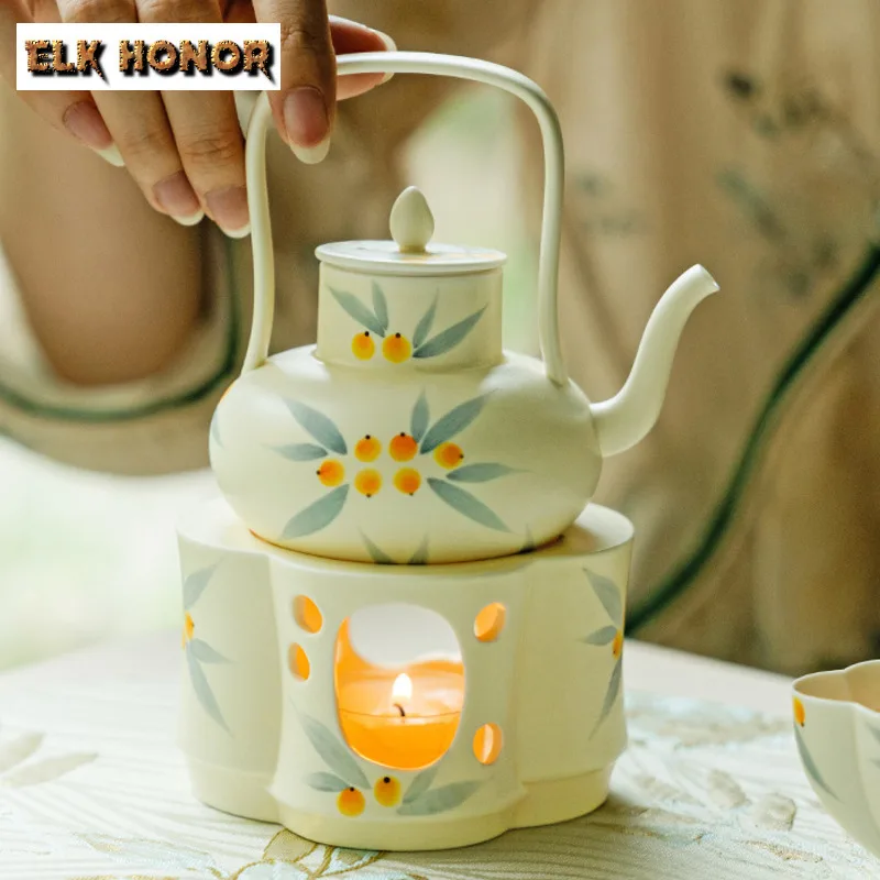 Pure Hand-painted Loquat Teapot Warmer Handmade Powder Yin Candle Trivet Bases For Pots Tea Stove Kettle Stand Tableware Teaware