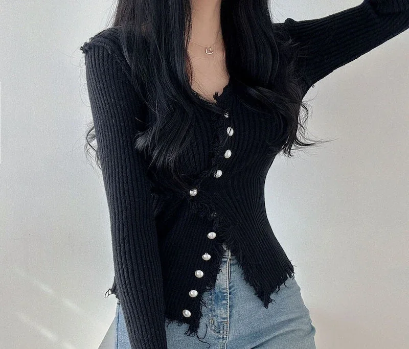 

Women Long Sleeve Top 2023 Autumn Fashion Versatile Raw Hem Buttoned Asymmetrical Knit Cardigan T-shirt for Female Streetwear