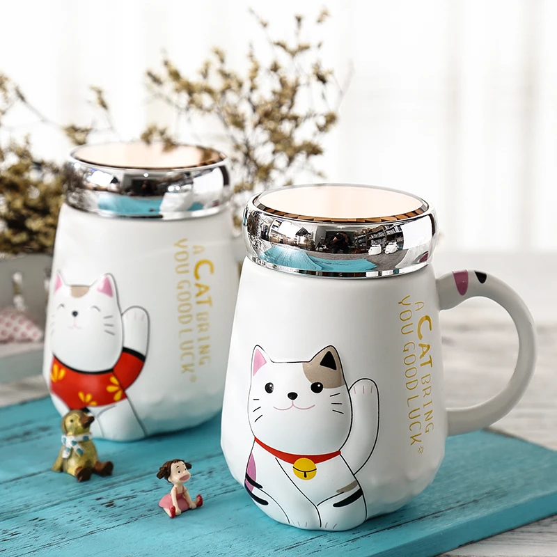 

Creative Korean ceramic mug with covered spoon student office drinking cup children lovely big belly catoon coffee milk cup