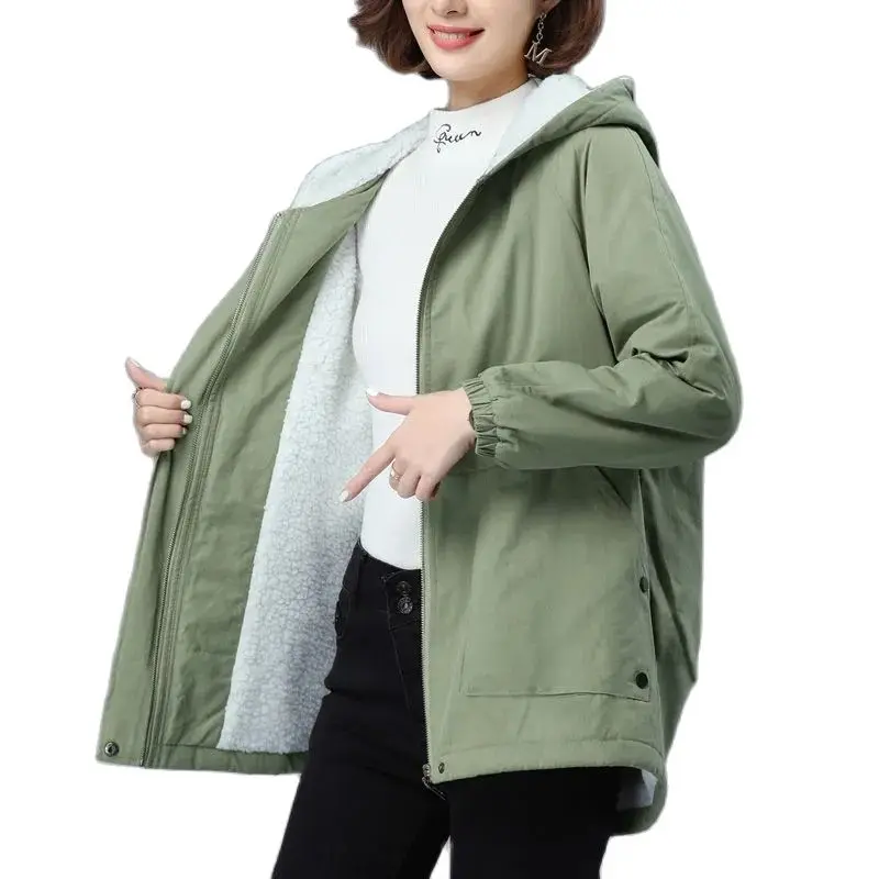 

Add Velvet Thick Cotton Coat Parkas 2023 Women's Autumn Winter Jacket Loose Hooded Warm Casual Overcoat Tops Female 4XL