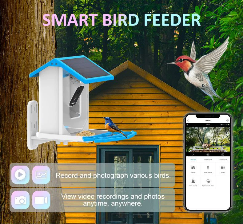 Outdoor Solar Smart Bird Feeder WIFI APP Wireless Night Vision Bird Camera with Solar Panel AI Recognition Auto Capture 1080P HD