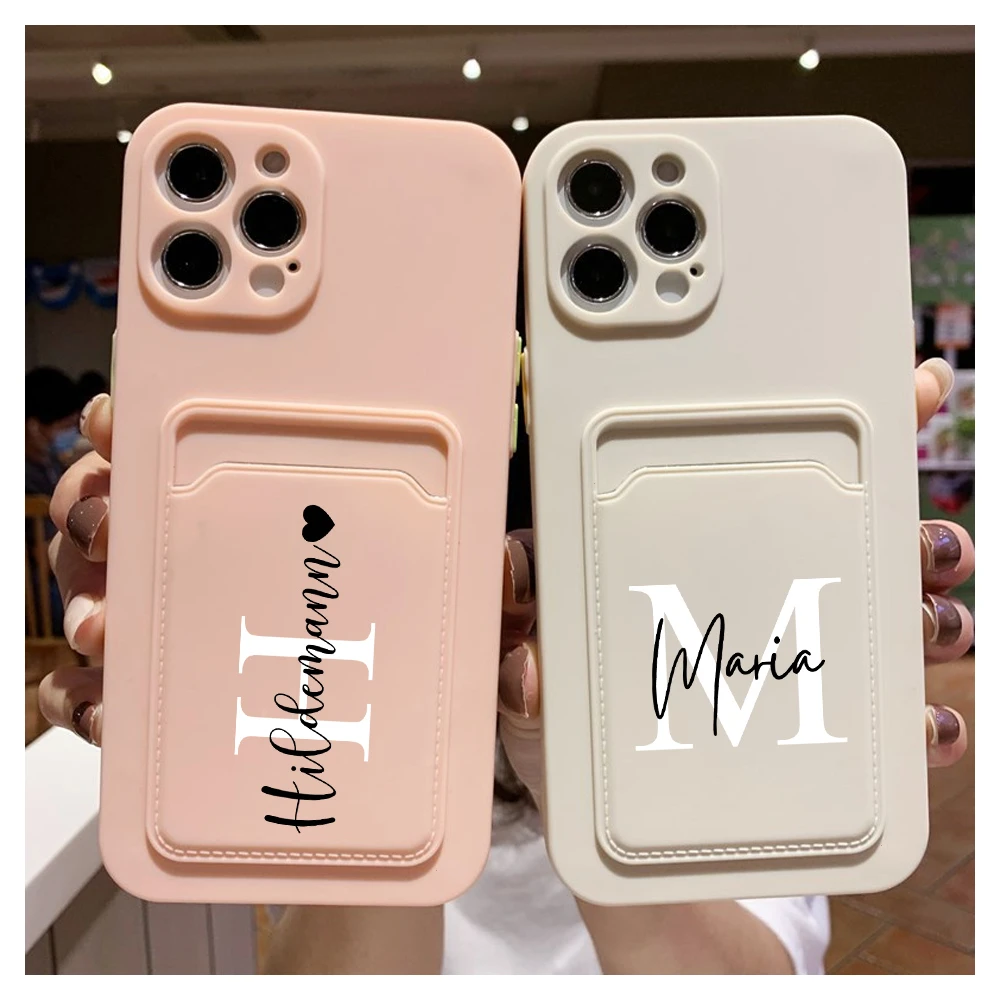 case for iphone 13 pro max Custom Name Soft Silicone Wallet Card Holder Case for iPhone 11 12 13 Pro Max XR X XS Max 7 8 Plus 13 Pro Pink White Phone Cover iphone 13 pro phone case