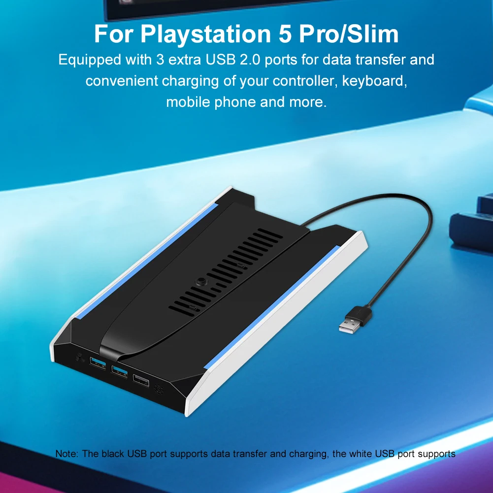 PS5 슬림/PS5 프로 RGB 수직 쿨링 스탠드 베이스 (3개 USB 2.0 포트, 8가지 조명 모드 포함)  플레이스테이션 5 게임 액세서리