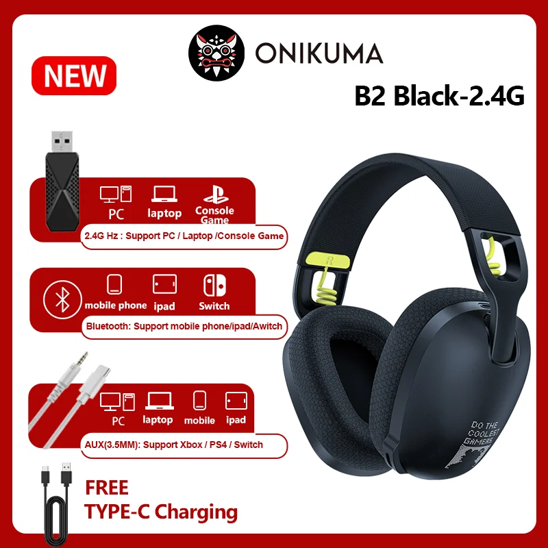Onikuma B2 Wireless Gaming Headset - Ergonomic USB Headphones for PS5 PS4 PC