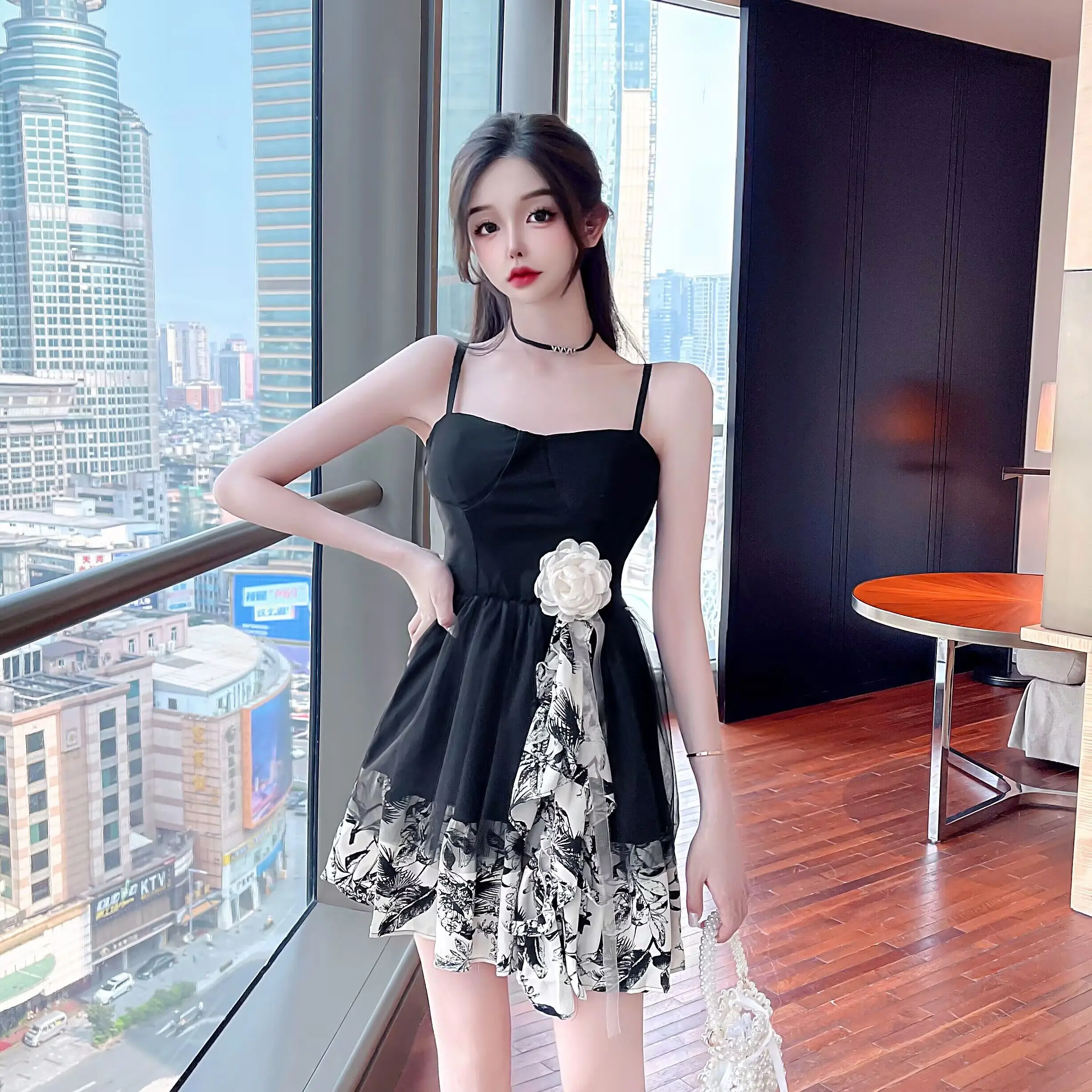 

2023 Fragmented Flower Dress Women's Summer Small Puffy Spicy Girls' Short Chinese Style Suspender Skirt Free Shippin