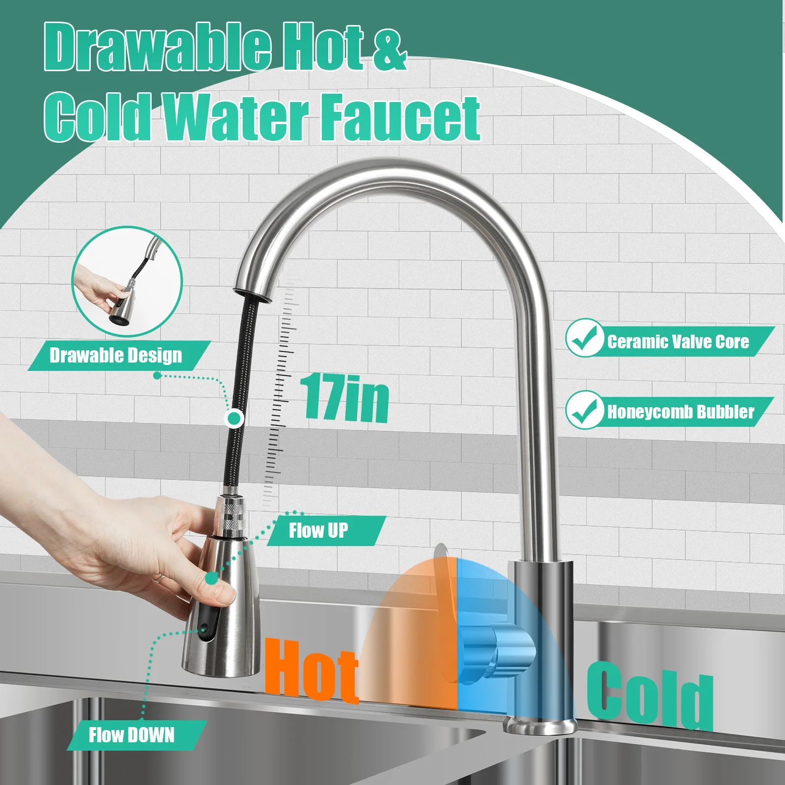 47.2*17.7*31.9 Inch Stainless Steel Kitchen Double Sink with Drawable Hot Cold Water Faucet Separate Sinks with Storage Rack 4