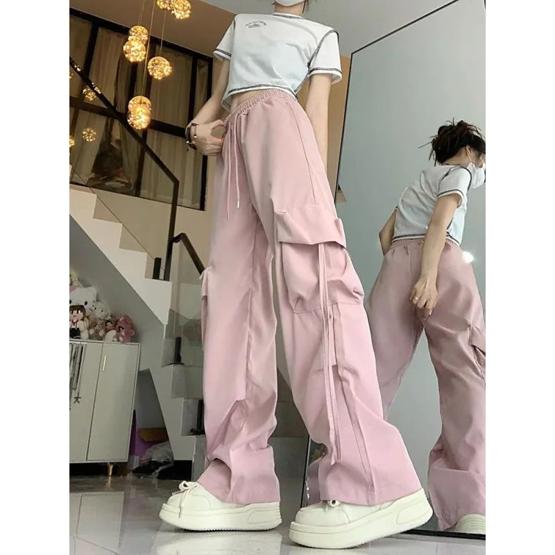 Hong Kong Winds Autumn Winter Cargo Pants Women's New High Waist Pockets Drawstring Fashion Loose Casual Versatile Trousers