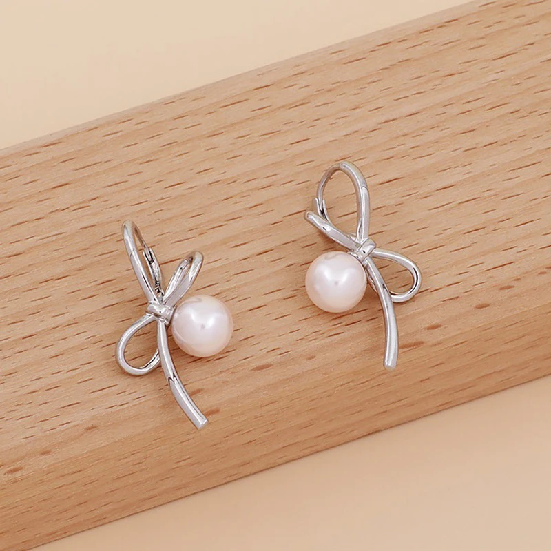

New 925 Sterling Silver Hoop Earrings Bowtie Ribbon Pearl Drop Golden For Women Girl Gift Jewelry Dropshipping Wholesale