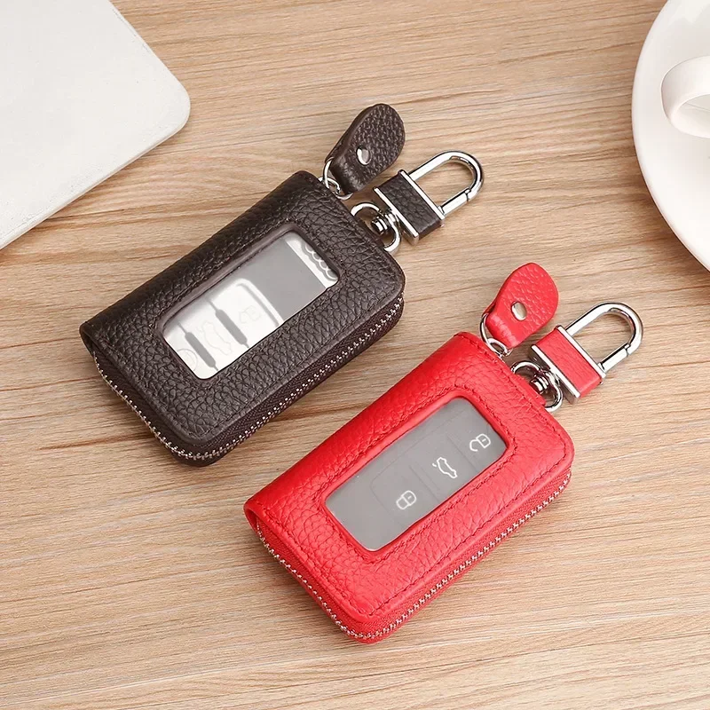Korean Style Multi-Color Soft Leather Zipper Car Key Case with Transparent Window