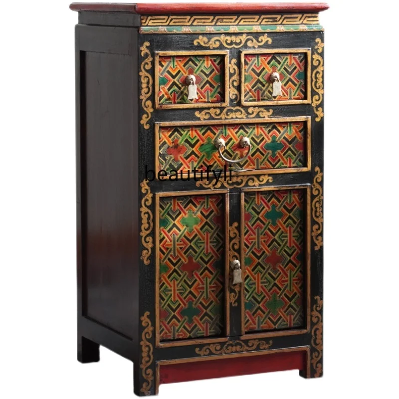 

Chinese Style Solid Wood Retro Side Cabinet Painted Storage Cabinet Living Room Chest of Drawers Ethnic Style