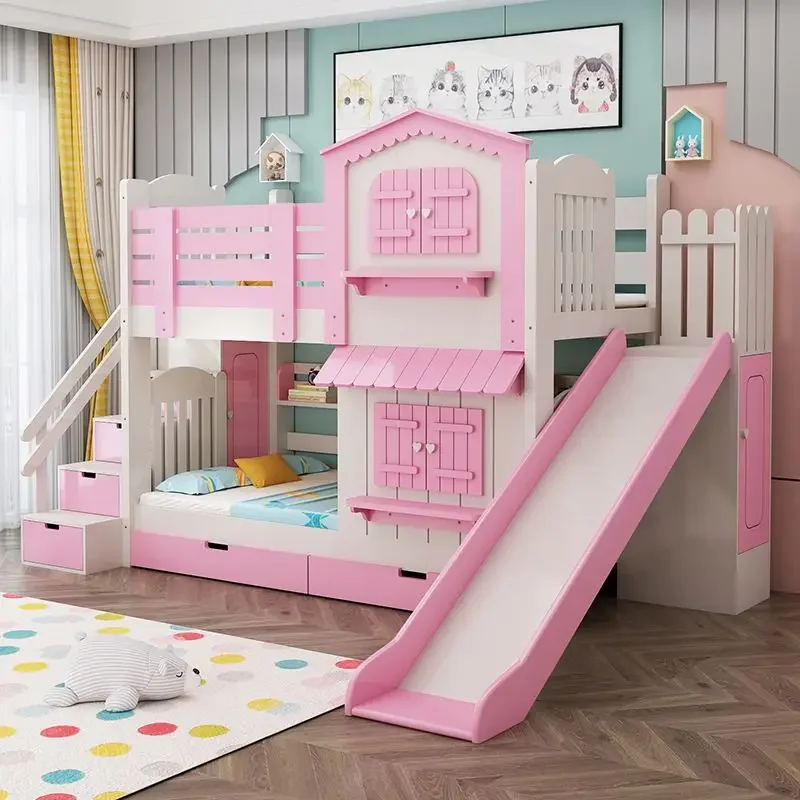 All solid wood children's bunk bed multifunctional children's castle slide bed