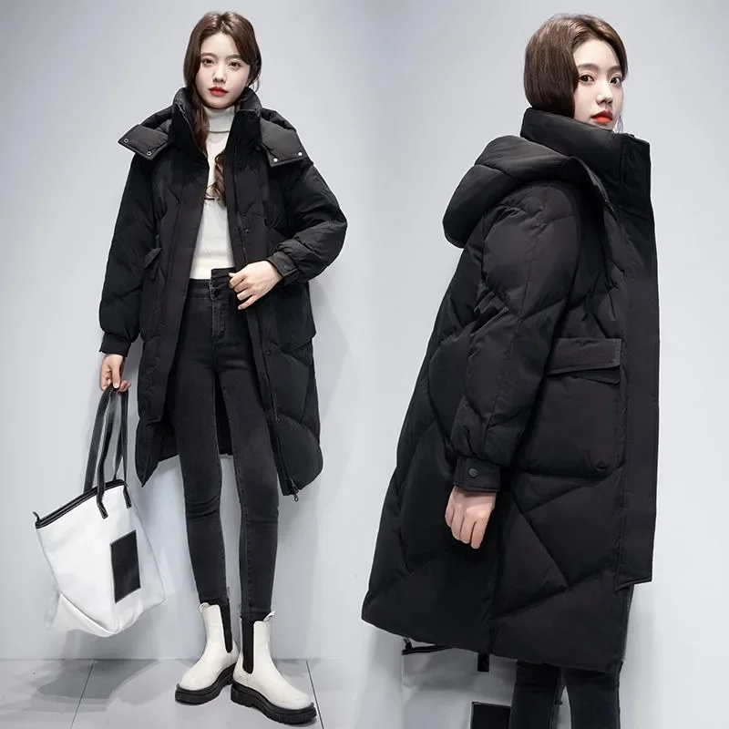 New Women Down Jacket Winter Coat Mid Length Version Parkas Loose Thick Warm Hooded Outwear Over The Knee Large Size Overcoat