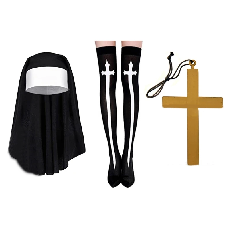 

Halloween Nun Costume Accessories Nun Hat Pendant Necklace Thigh High Socks for Halloween Cosplay Party 3Pc