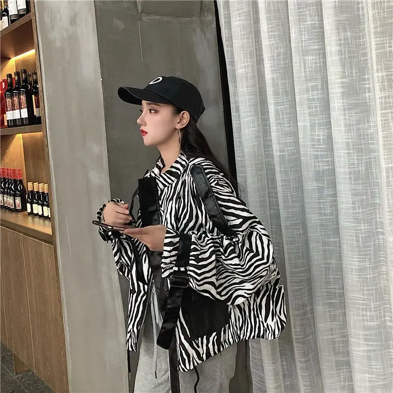 Women's Zebra Print Patchwork Leather Jacket, Bat Type, Loose Coats, Big Pocket, Personality, Spring and Autumn Clothes, Korean