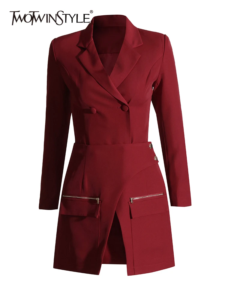 

TWOTWINSTYLE Casual Solid Two Piece Sets For Women Notched Collar Long Sleeve Blazer High Waist Split Skirt Elegant Set Female