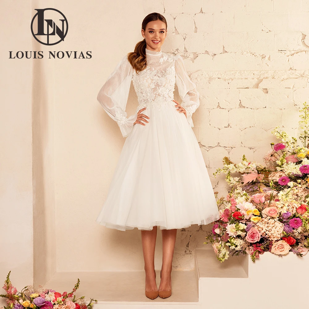 

LOUIS NOVIAS A-Line Wedding Dresses 2024 Luxury Illusion O-Neck Puff Sleeve Bride Appliques A-Line Bridal Gown Vestidos De Novia