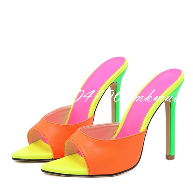 Hot Sexy Pointed Toe Mule High Heels Slipper Stripper Summer Fashion Mixed Color Slip On Slides Women Party Sandal Shoes women sandals,women high heels