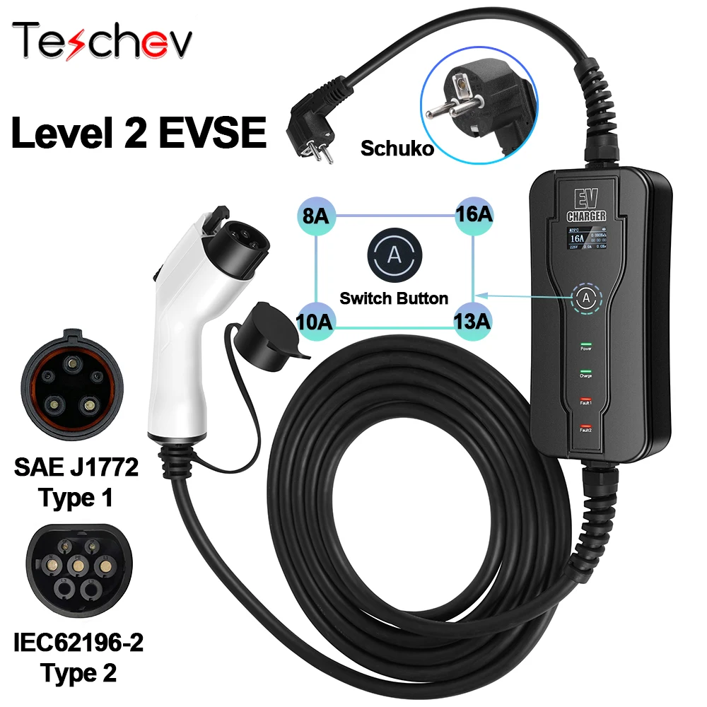 3.8kw Portable Home Use 5m Ev Charger J1772 Type 1 Current Adjustable
