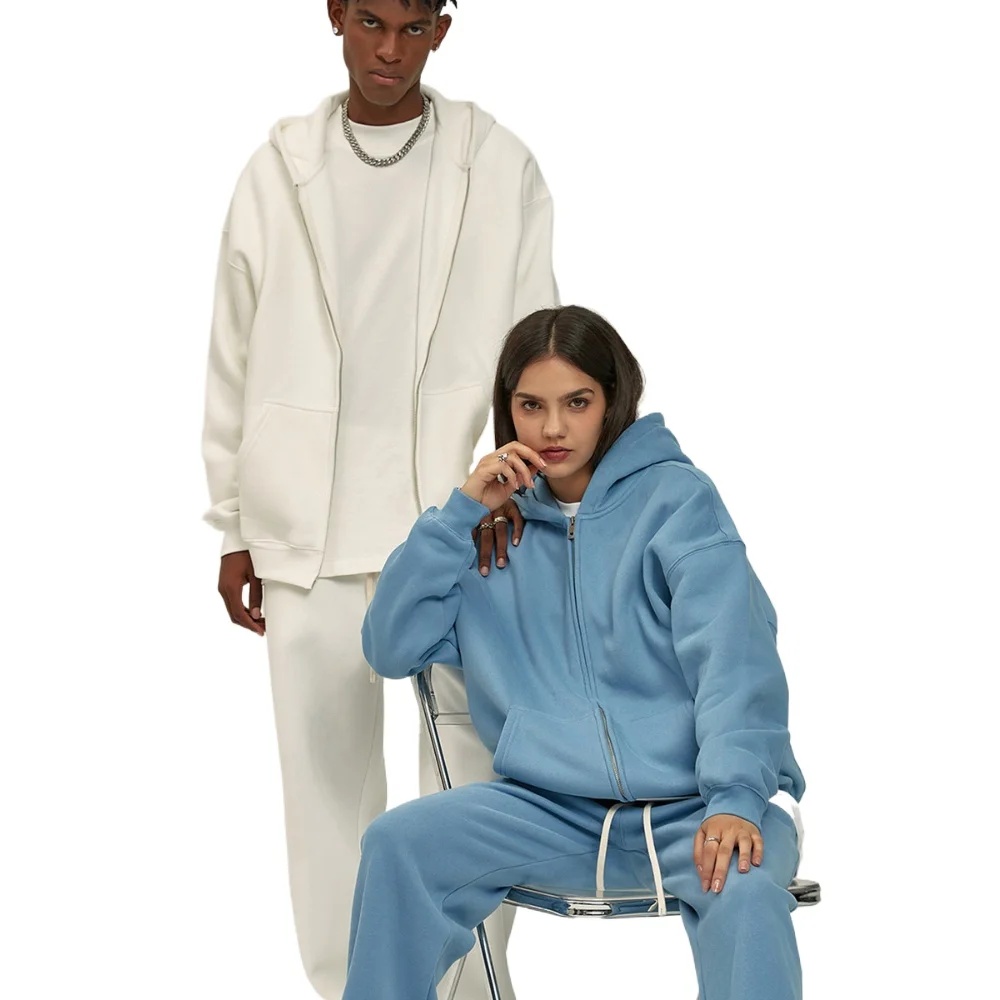 Custom LOGO autumn and winter new product velvet thickened 350g high-quality zipper sweater trousers men and women couple suit 5