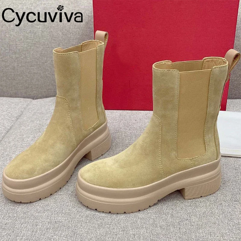 

Thick Sole Platform Ankle Chelsea Boots Women Black Cow Leather Short Boots Autumn Casual Flat Brand Shoes 2023 Botas Mujer