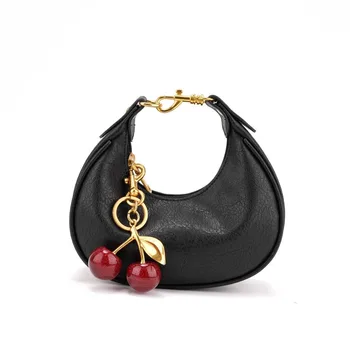 Fashion Women's Bag Temperament Versatile Crescent Bag Cherry Pendant Mini Handbag High Quality Black Luxury Armpit Bag Wallet