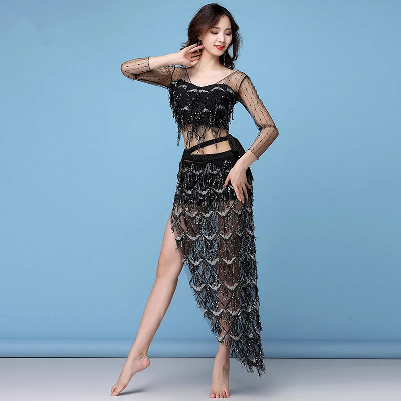 

Female Belly Dance Costumes Stage Performance Clothes Long Sleves Top with Sequin Tassel Skirt Women Oriental Dance Suit E22299