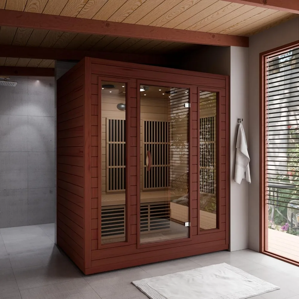 Home Sauna Room for 3 Person Hemlock Wooden Indoor Sauna Spa - Bluetooth Speaker, Heating Plate, Touch Control Panel Temperature 6