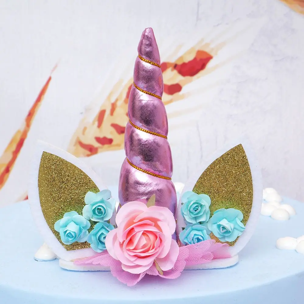 

1Pc Unicorn Cake Topper Reusable Pink Unicorn Horn Cake Topper with Gold Ear for Unicorn Birthday Party Decoration Supplies