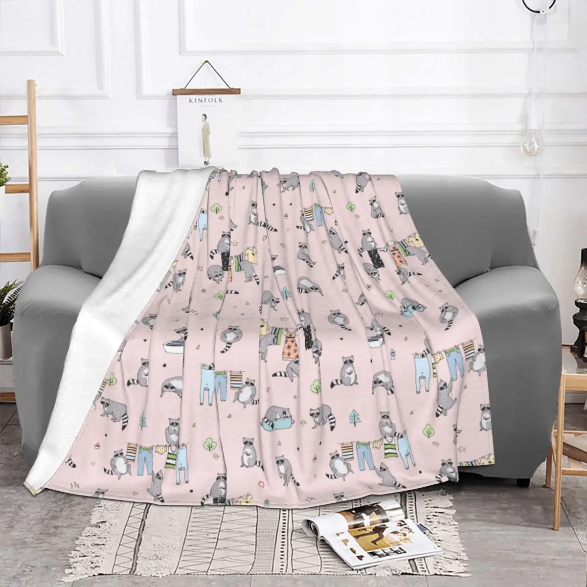 

Funny Raccoon Blankets Fleece Textile Decor Pink Multifunction Warm Throw Blankets for Bed Couch Bedspread