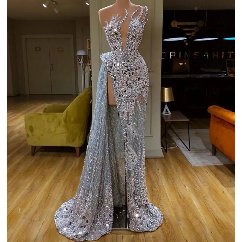 

Luxury Formal Mermaid Prom Dress Side Slit Sparkly Crystals Sequins Floor-Length Evening Party Gown Custom Made Robe De Soiree